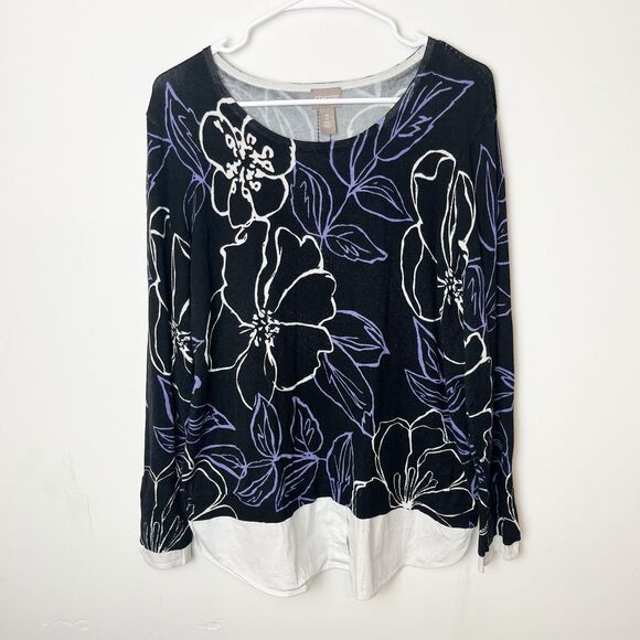 Chico's Tops - Chico’s Wildflower Scoop Neck Top Long Sleeve Twofer Pullover Color Black 270